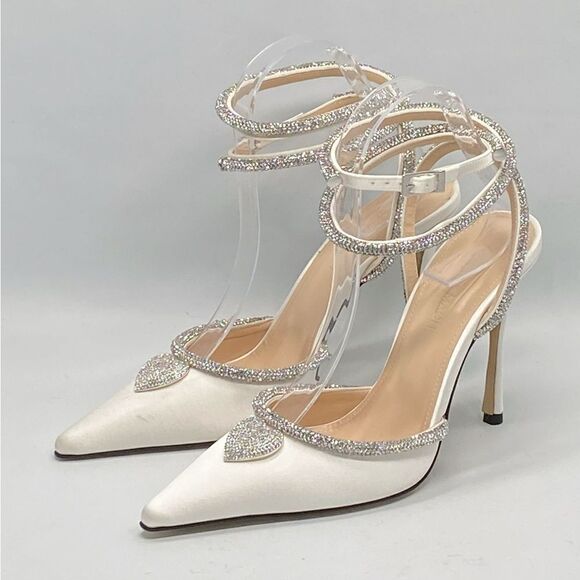 Mach & Mach Crystal Heart 110 Satin Ankle-Strap Pumps size 38 - Picture 6 of 13